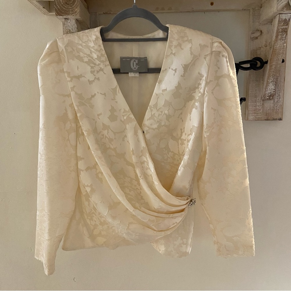 Vintage 80s Dynasty white puff sleeve wrap front top